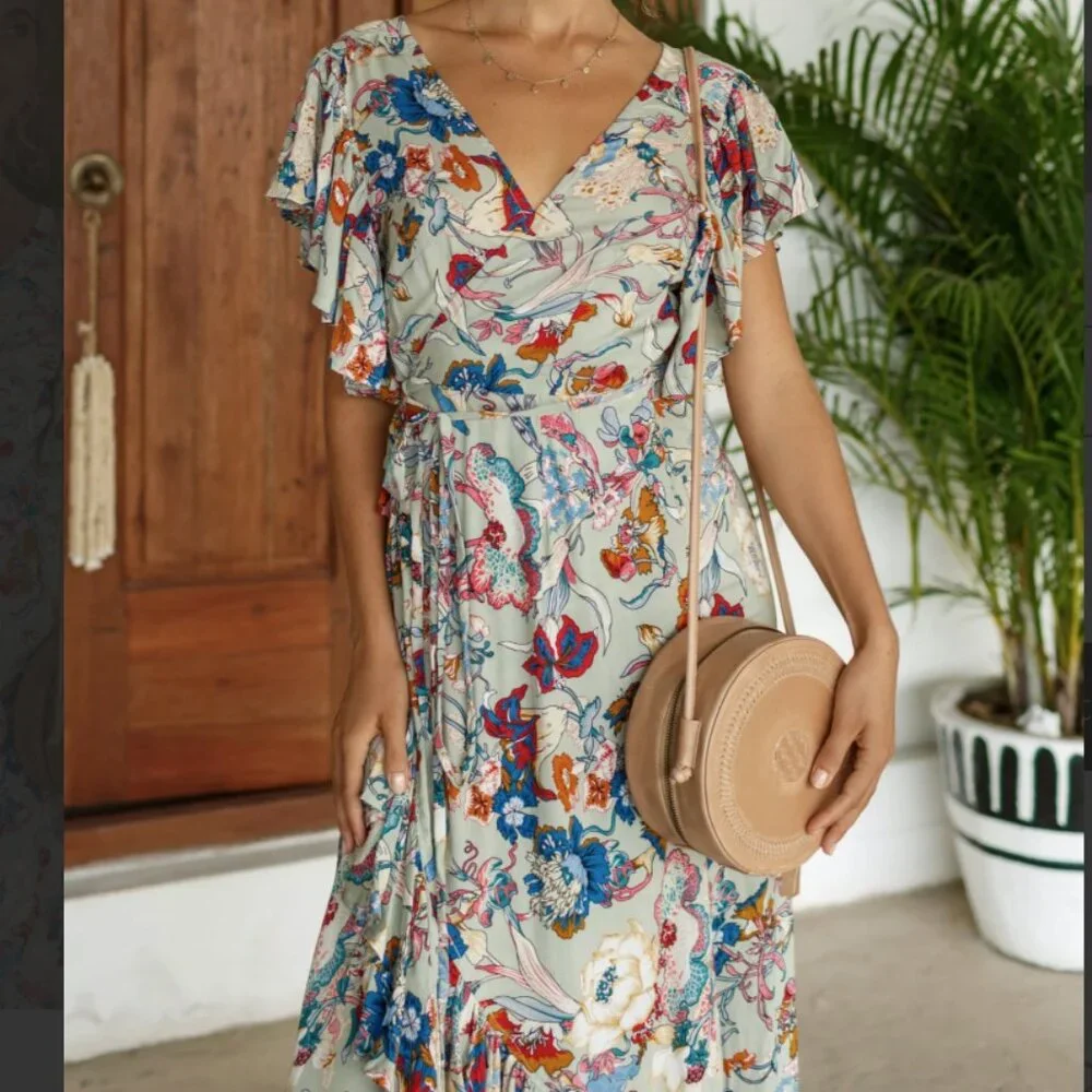 Carmen Wrap Maxi Dress by ELF Size M Gray Floral - Picture 9 of 9